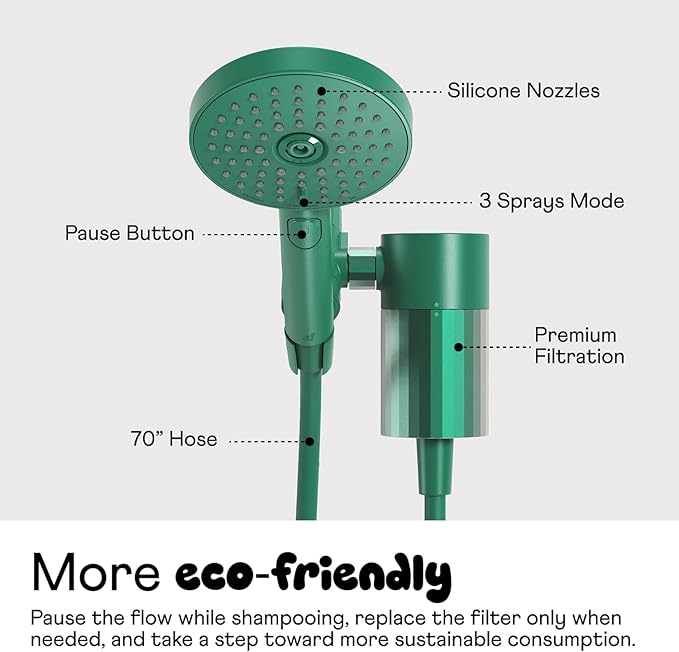 Sproos! - Handheld Showerhead with Filter Set, High Performance Filtration System for Healthier Hair and Skin, Extra Long 70 Inch Hose, 3 Customized Spray Functions, Green