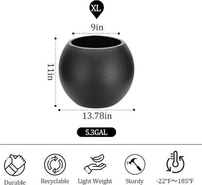 13.78”Dx11”H Lightweight Durable Modern Plastic Sphere Planter with Drainage Hole & Rubber Plug Weather Resistant,Planters for Indoor Plants & Outdoor,Large Plant Pot,(Black, 9" Pot Opening)