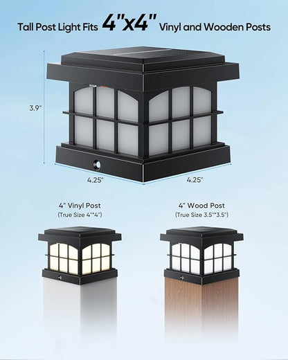 PARTPHONER RGBCW Solar Post Cap Lights 8-Pack, 9 Colors 3 Modes Fence Caps, Bright Solar Outdoor Waterproof LED Deck Lighting for Fence Garden Deck Patio Porch Decor 4x4 Vinyl/Wood, Black