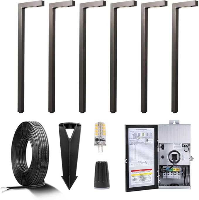 Gardenreet Brass Low Voltage Landscape Path Lights(6 Pack) Kit 12V LED with Low Voltage Transformer 150W and Mechanical Timer and 100 Feet Wire and 30Pack Connectors for Outdoor Yard Driveway