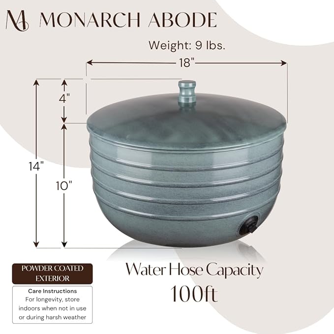 Monarch Abode Garden Hose Holder with Lid – Decorative Water Hose Holders for Outside, Border Embossed Metal Patina Pot with Drainage, 100ft Waterhose Holder for Outside, Garden Storage Caddy