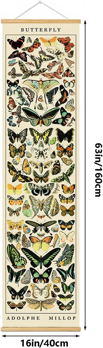 BAEMEFLE Vintage Flowers Poster Hanger Frame, Plant Floral Reference Chart Wall Decor Cottagecore Room Decor Aesthetic, Retro Style Wall Decor Art Painting Prints. (Long Butterfly, 63L x 16W)