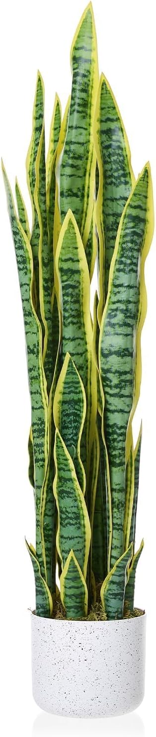Realistic 3 ft Artificial Snake Plant in Stable Cement Pot – Large Fake Snake Plant with Soft, Flexible Leaves, No Maintenance Fake Plant Perfect for Living Rooms, Hallways, and Offices