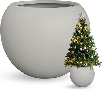 16"H x 20"D Globo Fiberstone Round Planter with Drainage Hole, Smooth Finishes, Weather Resistant for Indoor and Outdoor Use, Included 2 Extra Coco Mats (Light French Gray, 13.5 Pot Opening)