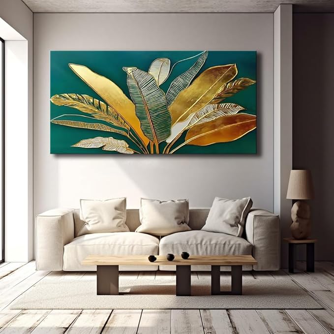 IDAFU Green Leaf Wall Art, Green and Gold Leaves Wall Painting, Emerald Green Tropical Botanical Décor Canvas Prints, Abstract Sage Boho Painting for Office Home Décor, Ready to Hang 32L x 16W