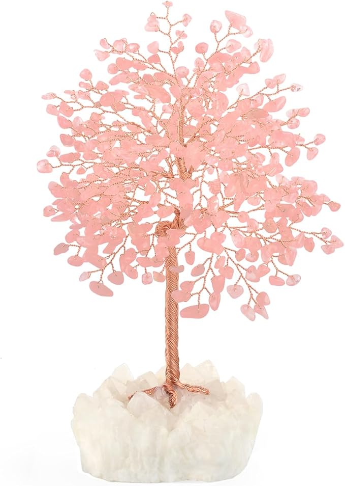 Gemstone Crystal Tree of Life,Natural Rose Quartz (406 Stones) with Clear Quartz Base,Chakra Balancing Positive Energy Feng Shui Home Decor Bonsai Money Tree,Birthday Gift 8.5"-9"