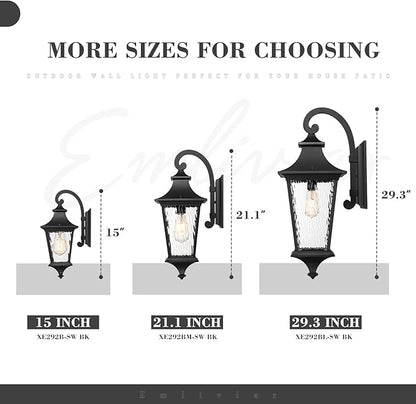 Emliviar 2-Pack Farmhouse Lantern Wall Sconces, 15" Wall Mount Outdoor Lights, Black Finish with Water Ripple Glass, XE292B-2PK-SW BK