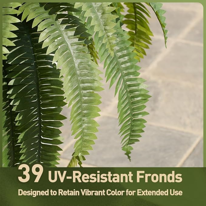 48" Boston Ferns Artificial Outdoor Plants - 39 Fronds UV Resistant Faux Greenery with Taper Planter- Realistic Fake Bushes Front Porch Decor for Garden, Patio, Indoors - Set of 1, VN153