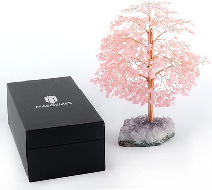 Rose Quartz Tree Gemstone Crystal Tree of Life,Amethyst Cluster Base,Healing Pink Crystal Chakra Balancing Positive Energy,Table Bonsai Feng Shui Decor Money Tree 10"-11"