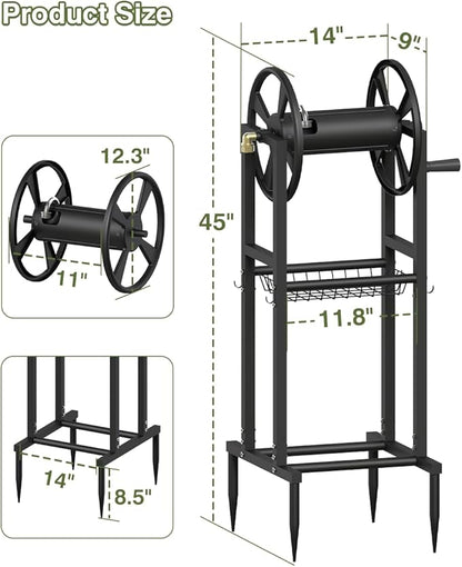 Freestanding Garden Hose Reel holds 125ft Hose of 5/8" with 4 Hooks, 4-Spike Outdoor Hose Holder with 3.9ft Leader Hose & Brass Fitting, Detachable Metal Hose Stand with Storage Rack, Black