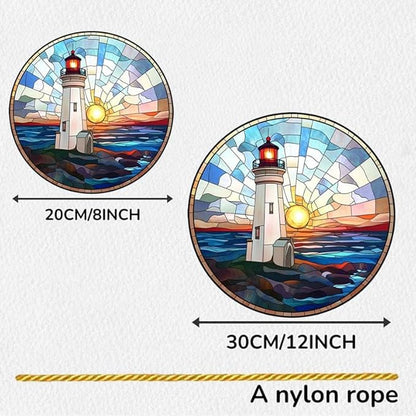 Acrylic Stained Window Hanging Sea Lighthouse Acrylic Decoration for Indoor Outdoor Home Bar Office Garden Plastic Ornament Decor 8x8 Inch