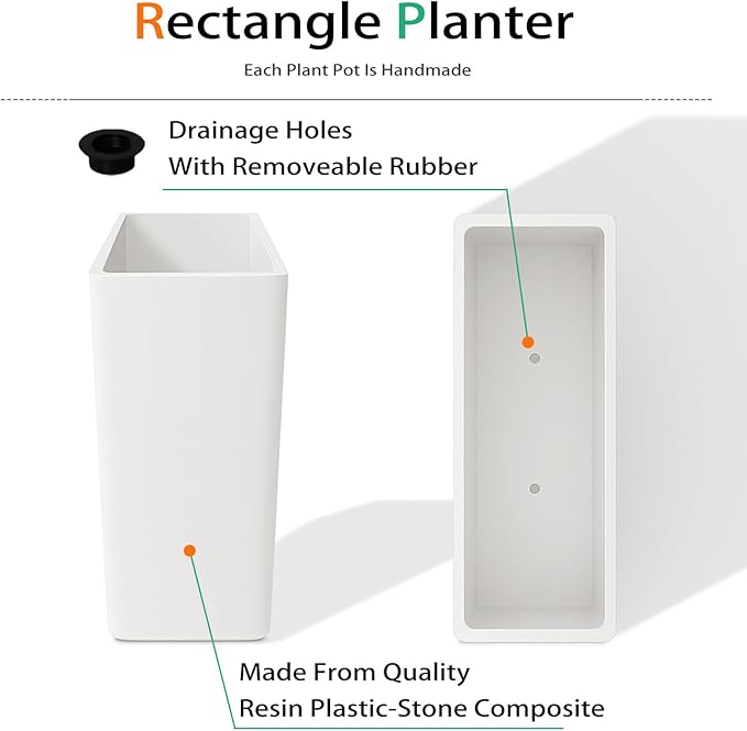 Rectangular Planter Box for Outdoor Plants, Large Tall Resin Flower Pots for Garden, Front Porch, Patio, Indoor (White, 25 x 21 inch)