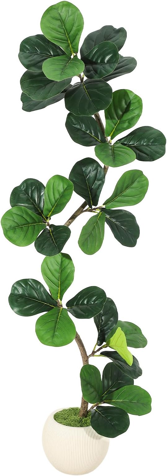 5ft Artificial Fiddle Leaf Fig Tree, Tall Fake Plants with White Planters, Artificial Plants Indoor with Realistic Moss for Home Decor Office Living Room