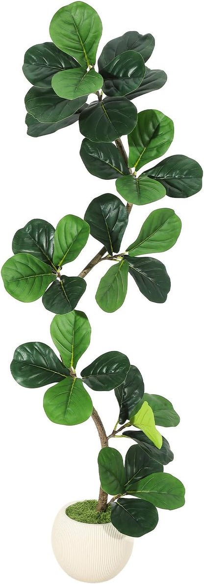 5ft Artificial Fiddle Leaf Fig Tree, Tall Fake Plants with White Planters, Artificial Plants Indoor with Realistic Moss for Home Decor Office Living Room