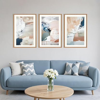 Large Abstract Brush Strokes Framed Canvas Wall Art,Neutral Navy Blue Wall Decor,Modern Pastel Wall Painting,Grey White Toned Artwork for Living Room,Bedroom,Dining Room,Office -16"x24"x3