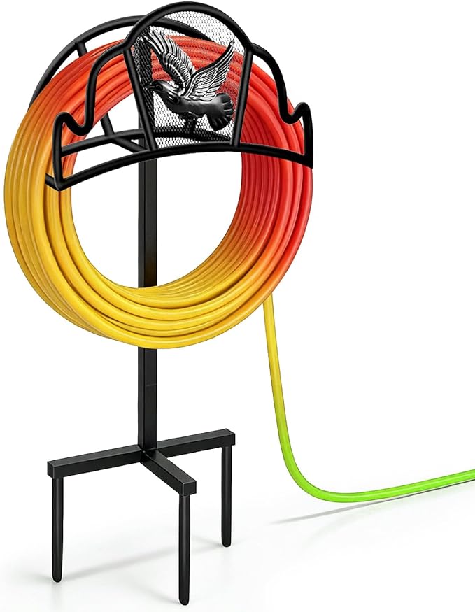 AMAGABELI GARDEN & HOME Hose Holder for Outside Freestanding 150 Feet Holds Heavy Duty Metal Detachable Rustproof Hose Stand Hanger Decorative Water Hose Storage With Ground Stakes Garden Lawn Black