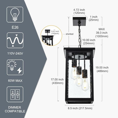 TODOLUZ 3-Lights Large Outdoor Pendant Light, Black Porch Ceiling Lighting Fixtures with Seeded Glass Panel, Exterior Hanging Lantern Adjustable Chain for Yard Entryway Patio