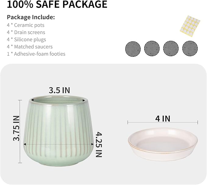 3.5 Inch Ceramic Succulent Planter Pots with Drainage Hole and Saucers, Small Glazed Ceramic Plant Pots for Indoor Flowers, Herbs, Cactus, Outdoor Plants, Green, Set of 4 (Plants Not Included)