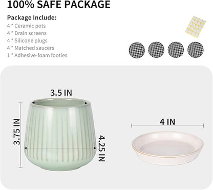 3.5 Inch Ceramic Succulent Planter Pots with Drainage Hole and Saucers, Small Glazed Ceramic Plant Pots for Indoor Flowers, Herbs, Cactus, Outdoor Plants, Green, Set of 4 (Plants Not Included)