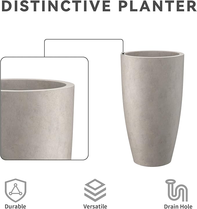 Kante 23.6" H Weathered Concrete Finish Concrete Tall Planters Large Outdoor Indoor Decorative Plant Pots with Drainage Hole and Rubber Plug, Modern Tapered Style for Home and Garden