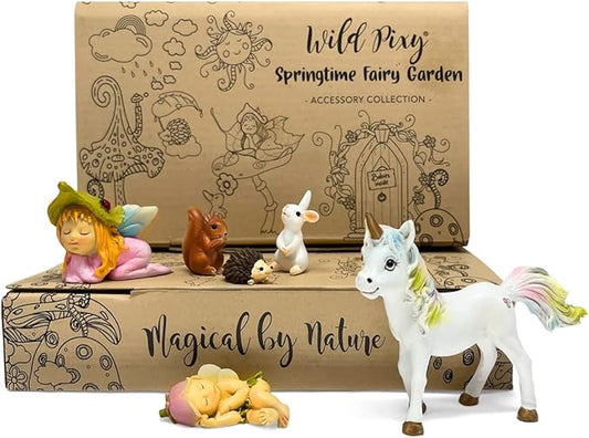 WILD PIXY Baby Miniature Fairy Garden Set – Springtime Fairy Accessories Kit with Gorgeous Fairies and Animals, Indoor/Outdoor Figurines in Designer Gift Box, Perfect for Garden Decor