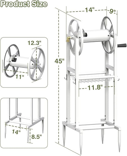 Freestanding Garden Hose Reel holds 125ft Hose of 5/8" with 4 Hooks, 4-Spike Outdoor Hose Holder with 3.9ft Leader Hose & Brass Fitting, Detachable Metal Hose Stand with Storage Rack, White