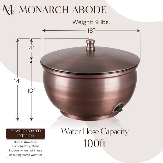 Monarch Abode Garden Hose Holder with Lid – Decorative Water Hose Holders for Outside, Smooth Metal Antique Copper Pot with Drainage, 100ft Waterhose Holder for Outside, Garden Storage Caddy