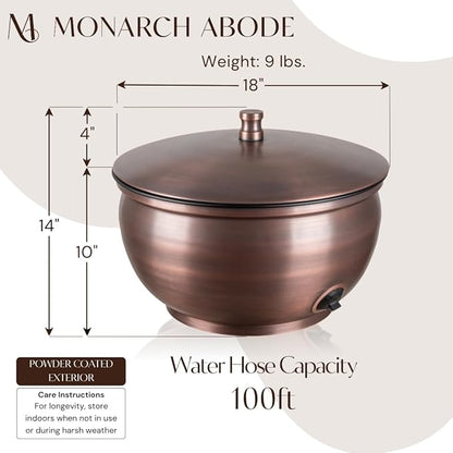 Monarch Abode Garden Hose Holder with Lid – Decorative Water Hose Holders for Outside, Smooth Metal Antique Copper Pot with Drainage, 100ft Waterhose Holder for Outside, Garden Storage Caddy