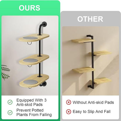 Rotating Window Plant Shelves with 3 Anti-slip Mats, 3 Tier Plant Stand Indoor Outdoor, Wooden Window Plant Shelf with 3 Circle Hook, Hanging Plant Holder for Window, Potted Plants, Flowerpots (Oak Color, 3 Tier)