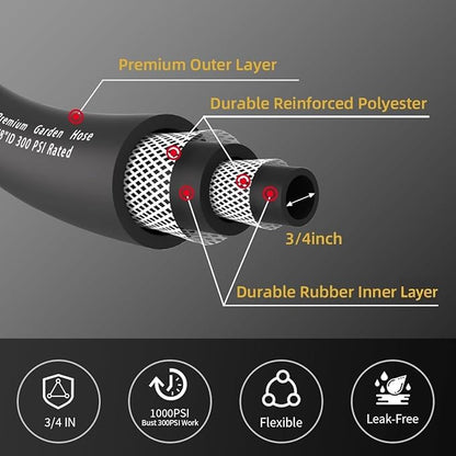 WiseFlow Garden Hose 75FT x 3/4", Heavy Duty Rubber Hose, Water Hose with Five Layered Braiding, Male Female Fittings, 1000PSI Burst, 300PSI Working (Black)