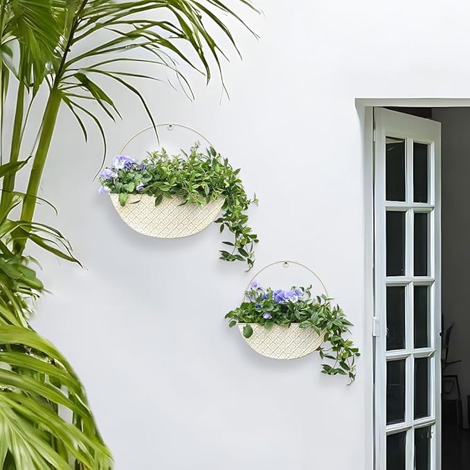 2-Piece Metal Planter Wall Hanging Baskets Decor Half-Moon Wall Mount Planter Set for Shabby Chic Farmhouse Outdoor Indoor Wall Decor