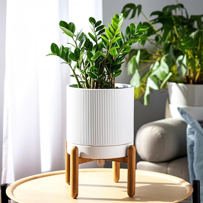 8 Inch Ceramic Planter with Natural Wood Stand w/Drainage & Saucer - Modern Indoor Planter for Cacti, Snake Plants & Aloe Vera