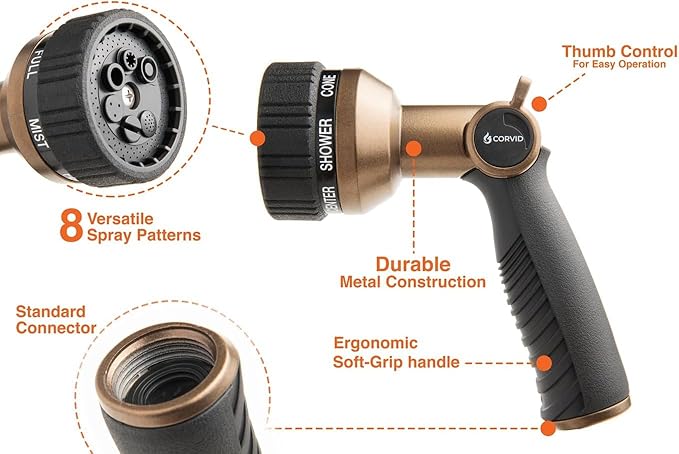 3-Pack Corvid Thumb Control 8-Pattern Garden Hose Nozzle, High-Pressure Adjustable Spray with Ergonomic Soft-Grip Handle and Durable Metal Construction, Ideal for Lawn & Garden, Car Washing