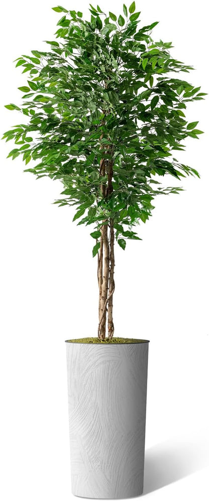 Artificial Tree in White Marble Effect Planter, Fake Ficus Silk Tree for Indoor and Outdoor Home Decoration - 75" Overall Tall (Plant Pot Plus Tree)