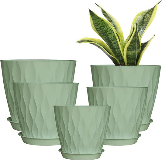 Plastic Flower Pots, 8/7/6/5/4 Inch Plant Pots with Drainage Holes, Plastic Planters for Indoor Outdoor Plants, 5 Pack Nursery Planting Pot for Garden Office Home Decor (Green, 8/7/6/5/4)