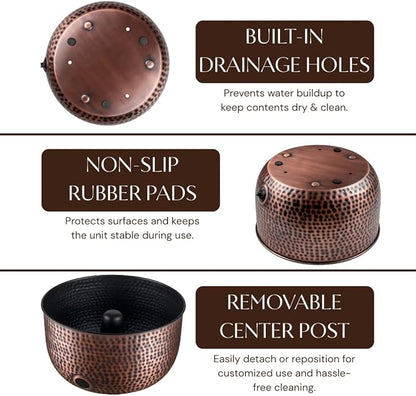 Monarch Abode Garden Hose Holder with Lid – Decorative Water Hose Holders for Outside, Hand Hammered Metal Antique Copper Pot with Drainage, 100ft Waterhose Holder for Outside, Garden Storage Caddy