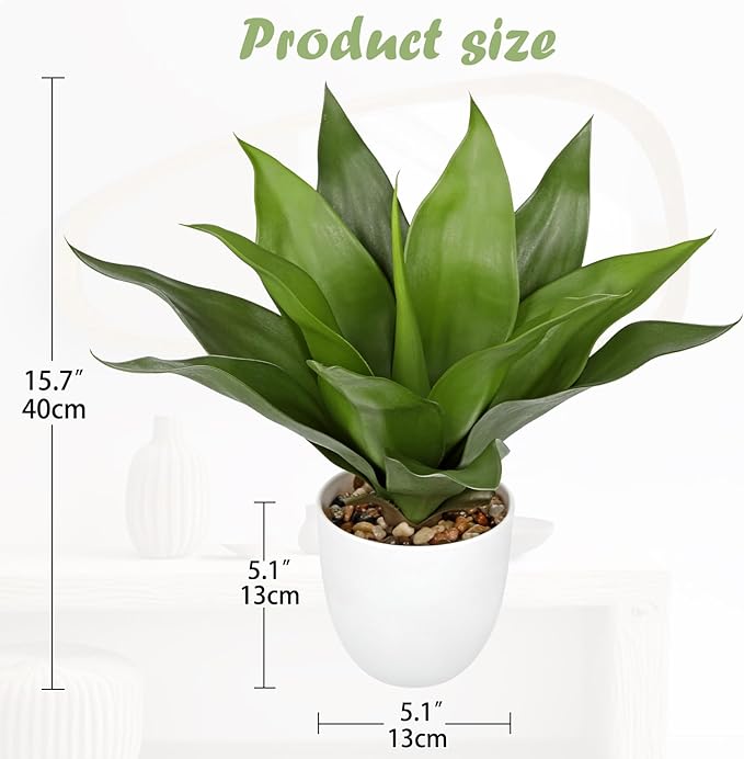 Fake Agave Plants 15.7 inch Large Artificial Plants in White Pot Faux Agave Plant Realistic Fake Plant for Home Decor Office Table Living Room Desk Bathroom Dining Centerpieces Balcony Indoor Decor