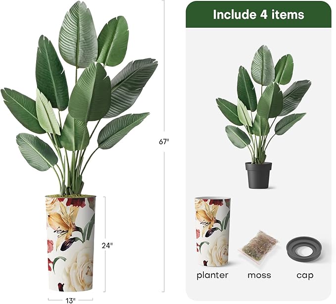 Artificial Tree in Modern Flower Pattern Planter, Fake Bird of Paradise Silk Tree for Indoor and Outdoor Home Decoration - 67" Overall Tall (Plant Pot Plus Tree)