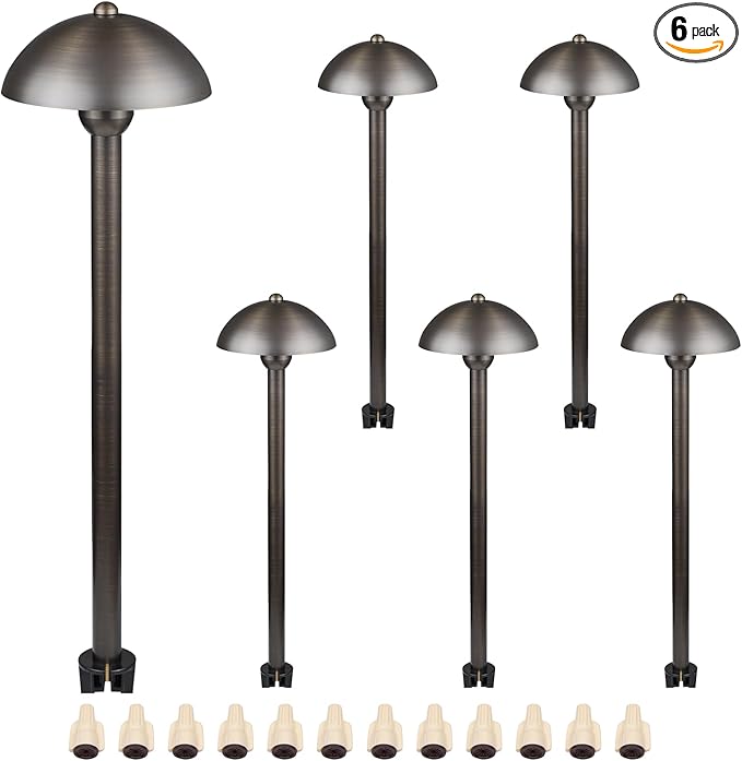 DOSHINE® Solid Brass Low Voltage Landscape Lighting Pathway Lights (6.5" Shade, 22" Tall) with Replaceable 3W G4 LED Bulb 3000K AC/DC 12V and Ground Stake for Outdoor Walkway Driveway (MUS, 6-Pack)