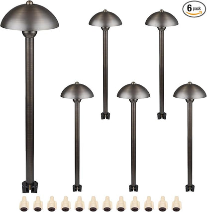 DOSHINE® Solid Brass Low Voltage Landscape Lighting Pathway Lights (6.5" Shade, 22" Tall) with Replaceable 3W G4 LED Bulb 3000K AC/DC 12V and Ground Stake for Outdoor Walkway Driveway (MUS, 6-Pack)
