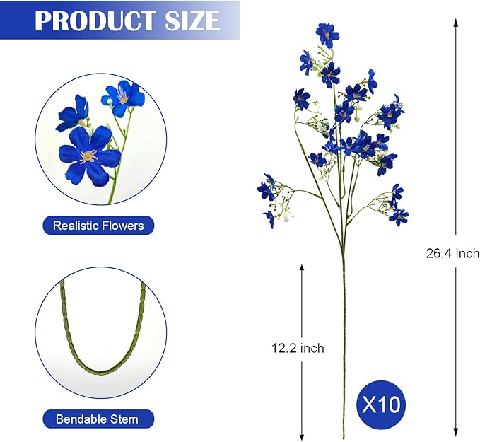 10 PCS Silk Flowers with Long Stems Artificial Flower for Tall Vase Outdoors Fake Babys Breath Bouquet Faux Floral Wedding Party Decoration Home Indoor Table Centerpiece Decor (Blue)