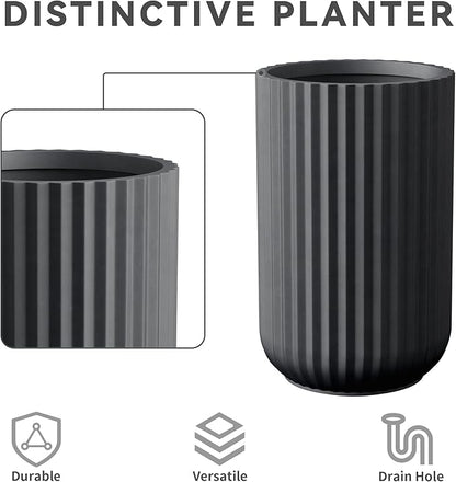 Kante Tall Fulted Planter, 17.7 Inch Tall Round Concrete Plant Pots with Drainage Hole and Rubber Plug, Modern Decor for Indoor Outdoor Plants, Flower, Black