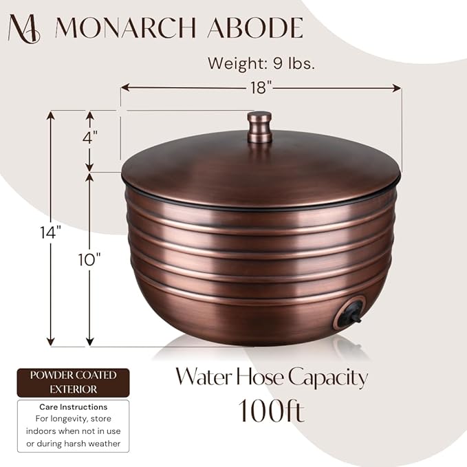 Monarch Abode Garden Hose Holder with Lid – Decorative Water Hose Holders for Outside, Border Embossed Metal Antique Copper Pot with Drainage, 100ft Waterhose Holder for Outside, Garden Storage Caddy