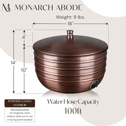 Monarch Abode Garden Hose Holder with Lid – Decorative Water Hose Holders for Outside, Border Embossed Metal Antique Copper Pot with Drainage, 100ft Waterhose Holder for Outside, Garden Storage Caddy