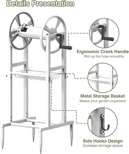 Freestanding Garden Hose Reel holds 125ft Hose of 5/8" with 4 Hooks, 4-Spike Outdoor Hose Holder with 3.9ft Leader Hose & Brass Fitting, Detachable Metal Hose Stand with Storage Rack, White