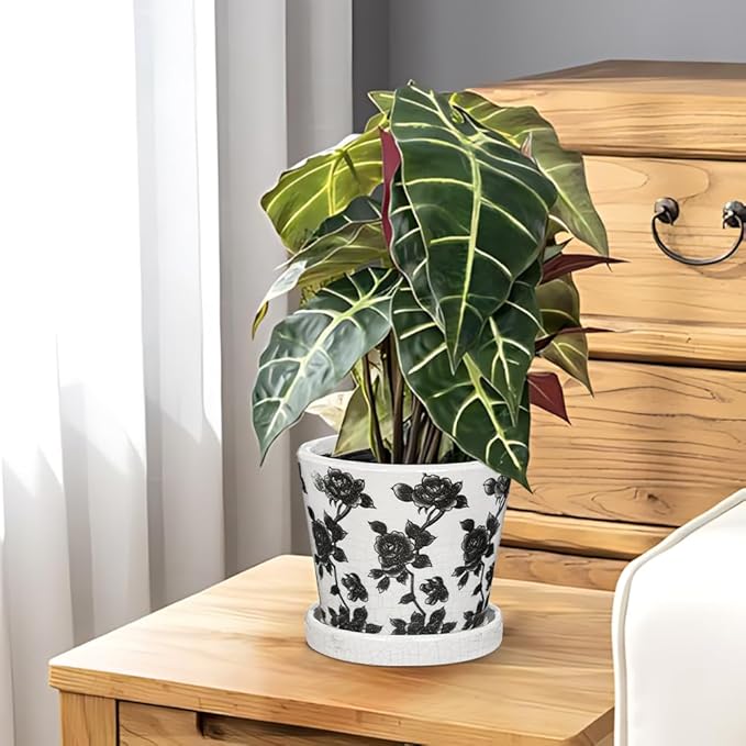 Ceramic Pot for Indoor Plants - 5.5 inch Flower Pot for Plants with Drainage Holes and Saucer Ice Crack Diamond Rose Flower Pattern Ceramic Planter for Outdoor Indoor Herb Snake Plant (Black & White)