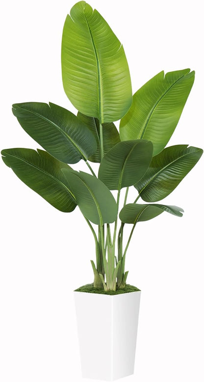Lifelike Bird of Paradise Artificial Plant 5ft Faux Banana Leaf Tree with White Tall Planter for Home Decor - Perfect Indoor Silk Floor Plant for Living Room, Office, and Bedroom Ambiance Enhancement