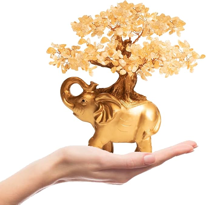 Citrine Crystal Money Tree on Gold Mini Elephant Statue, 10”Gemstone Bonsai Tree of Life Home Décor Gifts for Wealth Positive Energy, Feng Shui Décor