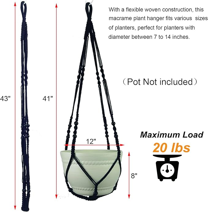 2 Pack Macrame Plant Hanger Black Large 43 Inch Long Hanging Planter Holder for Indoor Outdoor Decor with Swag Hooks