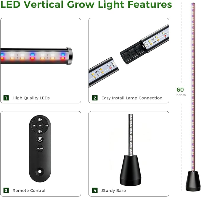 Grow Lights for Indoor Plants with Timer, 60 Inch Vertical Grow Light Full Spectrum 192 LEDs 24W with 3/6/12H Auto On/Off Remote 3 Light Modes 5-Level Dimmable Standing Plant Lamp